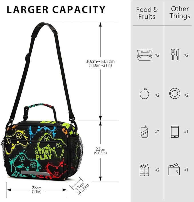 ALAZA Video Game Boys Lunch Box Kids Lunchbox Insulated Reusable Meal Container Lunchbag with Shoulder Strap