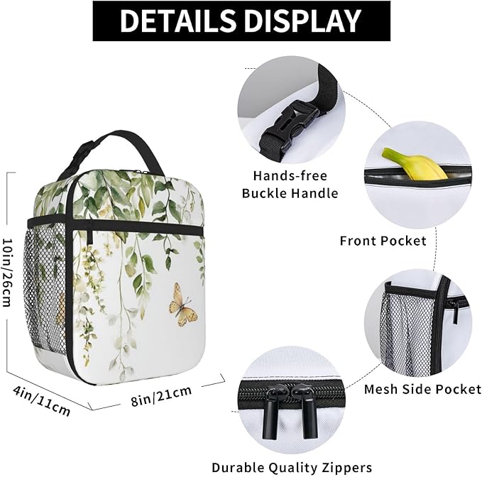 SUPLUCHOM Lunch Bag Butterfly Watercolor Botanical Leaf Insulated Bento Box Cooler with Side Pocket for Girl Boy Women Men Work School Picnic Hiking Daytrip