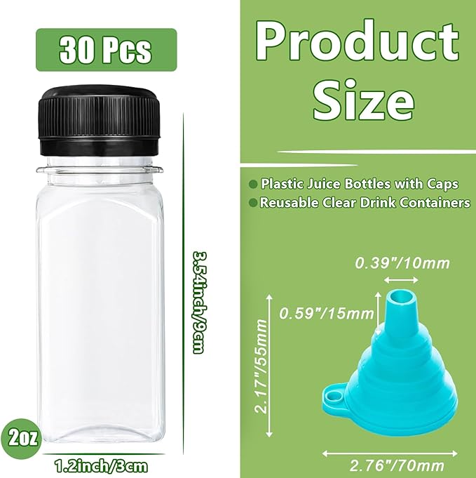 30 Pcs 2oz Plastic Juice Bottles with Caps,Reusable Clear Drink Containers,Transparent Square Bottle with Lids for Juices,Milk,Smoothies,Tea and Other Beverages(Black)