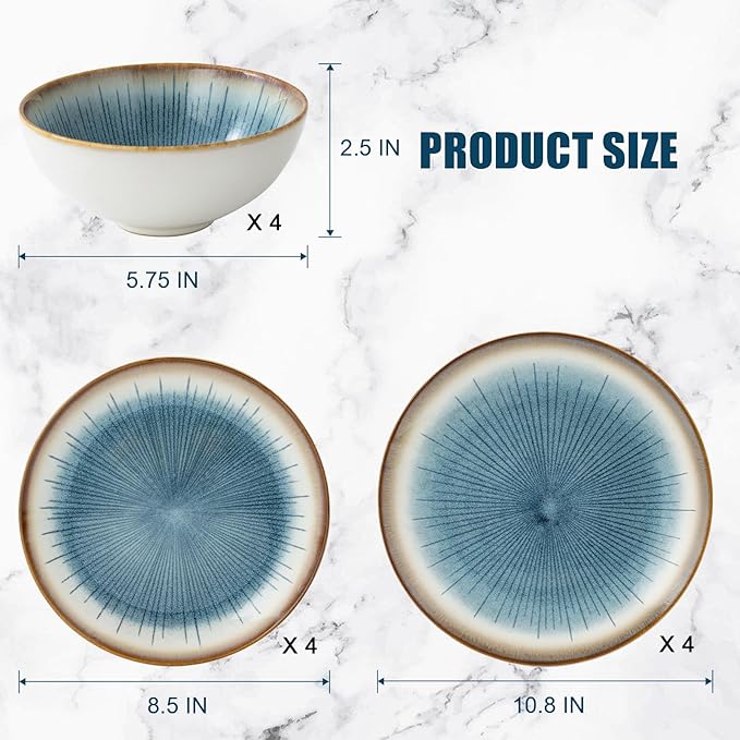 Blue Stoneware Dinnerware Set, 12 Pieces, Blue Stripe Marble, Dishwasher & Microwave Safe