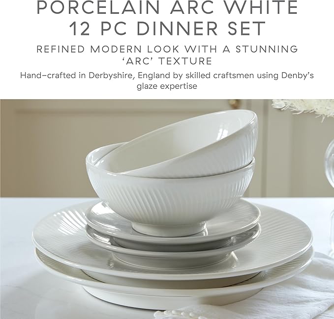 Denby - Arc White Porcelain Dinner Set For 4-12 Piece Textured Tableware Set For Any Occasion - Dishwasher Microwave Oven Safe - Scratch Chip Resistant