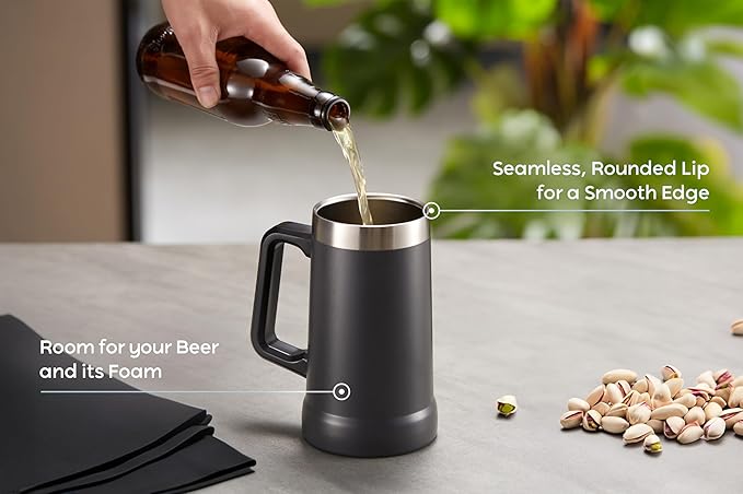 KooK Beer Stein, Stainless Steel Coffee Mug, Tumbler with Thermal Vacuum Insulation, Big Grip, Adventure, Double Walled Drinking Cup, Large Handle, Shatterproof, Storm Grey, 24 oz