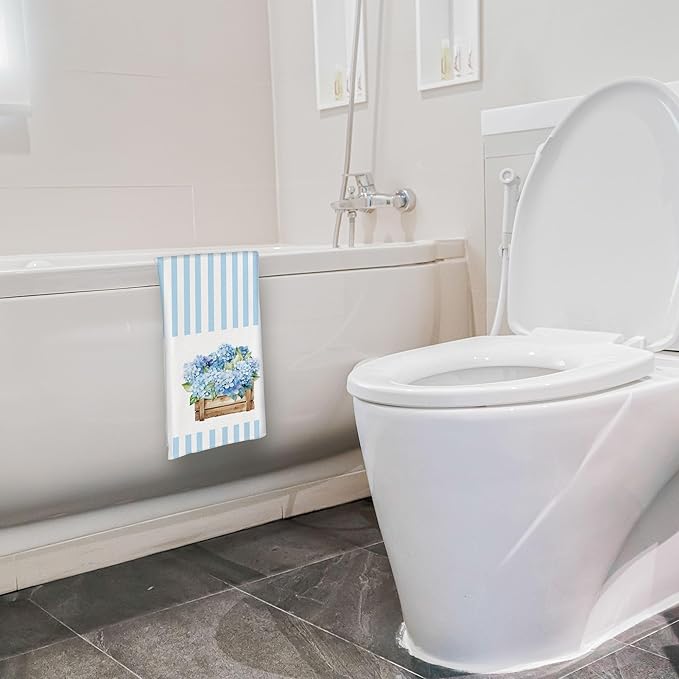 Blue Stripe Hydrangea Kitchen Towels Set of 4 - Home Sweet Home Blue and White Hydrangea Gifts Decorative Hand Towels for Bathroom, 16x24