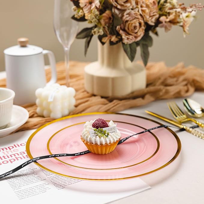 120PCS Pink Plastic Plates with Gold Rim, Heavy Duty Disposable Plate, Fancy and Elegant Circular Ribbed 60 Dinner and Dessert Plates for Party, Weddings