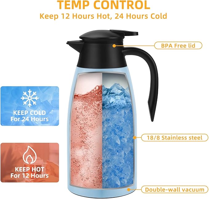 70oz Coffee Carafe Airpot Insulated Coffee Urn Stainless Steel Vacuum Thermal Pot Flask for Coffee, Hot Water, Tea, Hot Beverage Keep 12 Hours Hot, 24 Hours Cold, Blue