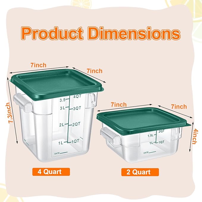 Suclain 8 Pcs Food Storage Container with Lids Set 2qt and 4qt Square Clear Commercial Containers with Scales Handles for Home Restaurant Kitchen Food Storage, Marinating Meat, Proof Dough (Green)