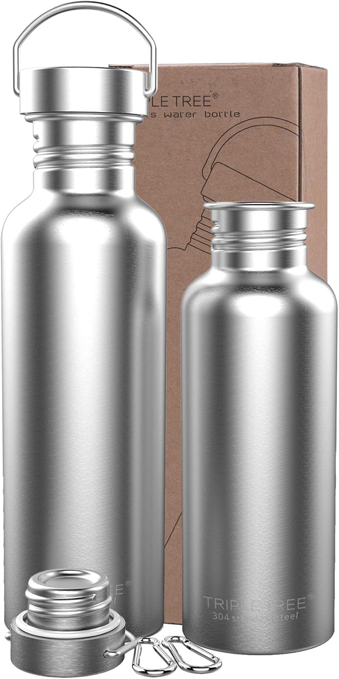 TRIPLE TREE 34 OZ Uninsulated Single Walled Stainless Steel Sports Water Bottle 18/8 Food Grade for Cyclists, Runners, Hikers, Beach Goers, Picnics, Camping - BPA Free
