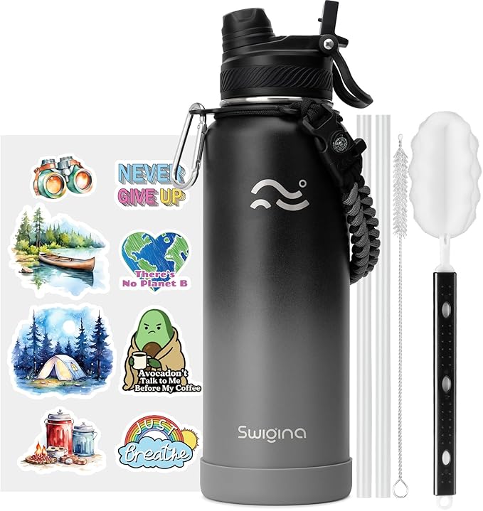 [2-IN-1 LID] Insulated Water Bottle with Silicone Boot (36hrs Cold/18hrs Hot) - DIY Stickers, Leakproof, BPA Free, 40 oz