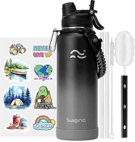 [2-IN-1 LID] Insulated Water Bottle with Silicone Boot (36hrs Cold/18hrs Hot) - DIY Stickers, Leakproof, BPA Free, 40 oz