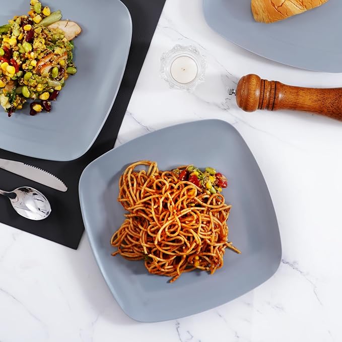 TP 10.5" Melamine Square Dinner Plates, 6-piece Plate Set Unbreakable Serving Dishes for Indoors and Outdoors, Unbreakable Dinner Service for 6, Gray