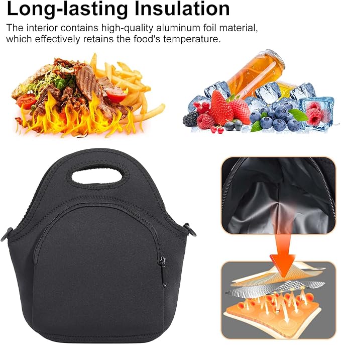 CILLA Neoprene Lunch Bag for Women Insulated Lunch Tote Bags Washable Lunch Container Box Picnic Lightweight Meal Prep Bags(Black+)