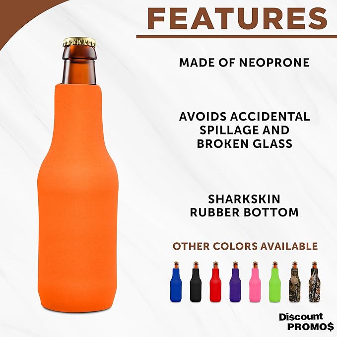 10 Neoprene Zippered Beer Bottle Coolies Pack - Sharkskin Rubber Bottom - Neon Orange