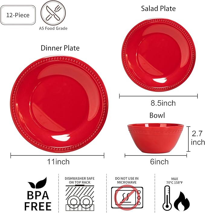 Red Melamine Dinnerware Sets of 12 Pcs, BPA Free Dishes Set, Plates and Bowls Sets for Indoor Outdoor Dining on the Beach, RV, Camping Use,Lightweight Unbreakable Dishwasher Safe