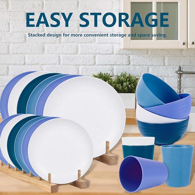 Rubtlamp 16pcs Wheat Straw Dinnerware Set, Unbreakable Plates And Bowls Sets of 4, Plastic Plates Set Reusable (Cold Four Colors) for Camping