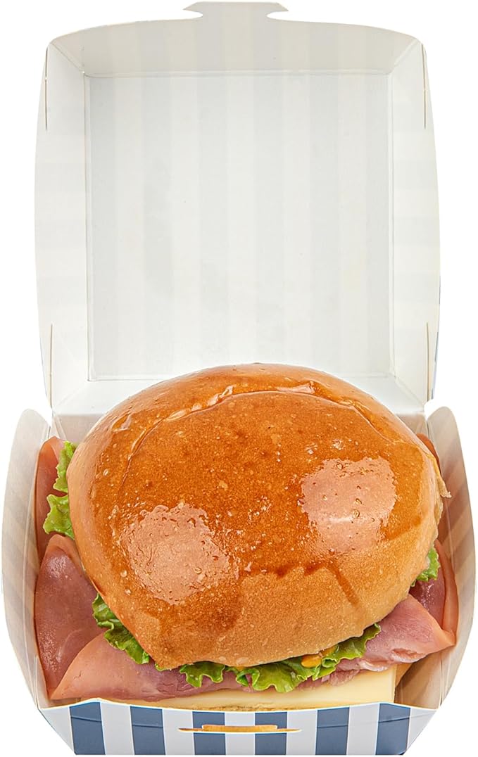 Restaurantware 2.8 x 2.8 x 2 Inch Mini Burger Boxes 100 Clamshell Food Containers - Hinged Lid Striped Blue And White Paper Take Out Boxes Serve Sliders Or Finger Foods