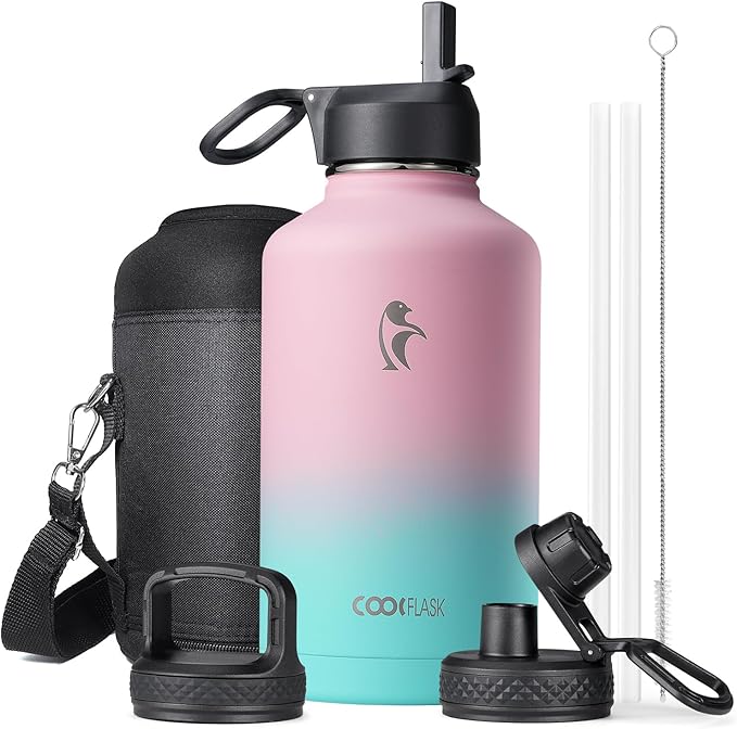 Water Bottle Insulated 64 oz with Straw & 3 Lids, Coolflask Half Gallon Water Jug Large Metal Stainless Steel Wide Mouth, Non-BPA Keep Cold 48H Hot 24H, Bubblegum Princess