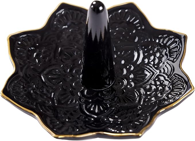 Ceramic Mandala Ring Holder, Decorative Jewelry Dish, Trinket Tray Room Decor, Engagement Wedding Birthday Gifts for Women (Black)