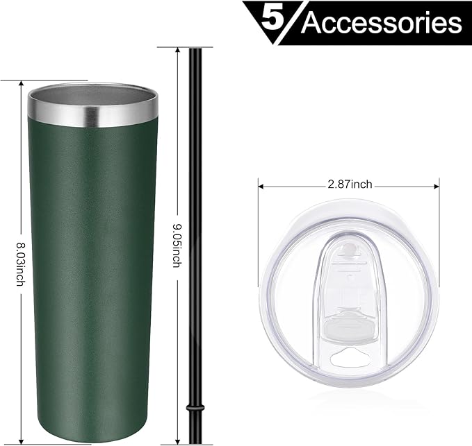 VEGOND Stainless Steel Tumblers Bulk 6 Pack, 20 oz Vacuum Insulated Skinny Tumblers with Lid and Straw, Double Wall Coffee Mug, Travel Water Cup, Dark Green