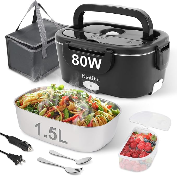 80W Electric Lunch Box for Adults, Portable Heated Lunch Box for Men, 1.5L Food Warmer Lunchbox for Car/Truck/Office, 12V/24V/110V Leak-Proof, Dishwasher-Safe with Insulated Bag(Matte Black)