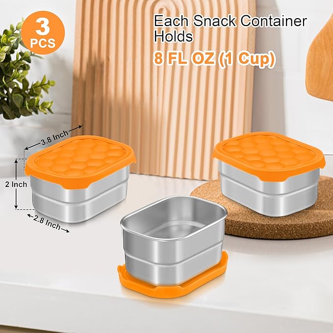 TeamFar 3 Pack 8oz Stainless Steel Snack Containers, Food Container with Silicone Lid Easy Open Leakproof, 8 oz Metal Toddler Kid Lunch Bento Box for Daycare Home Work Picnic, Orange