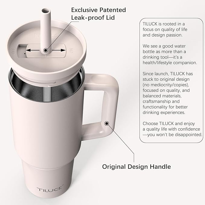 TILUCK 40 oz Tumbler with Handle, Vacuum Insulated Stainless Steel Travel Mug with 100% Leak-Proof Silicone Straw Lid, Cupholder Friendly Water Bottle(SakuraPink, 40oz)