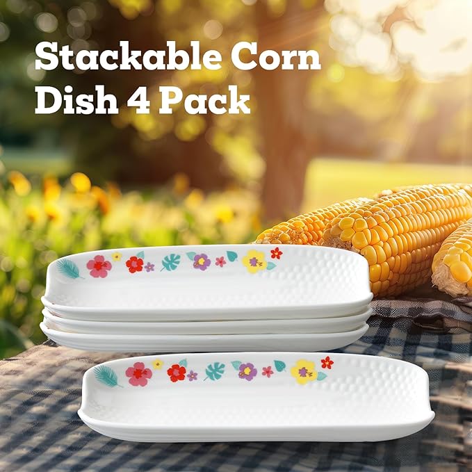 Cinf Ceramic Corn Cob Holders 8.8" Corn Dishes Set of 4 Trays Non-slip Bottom Microwave Dishwasher Oven Safe (Hawaii Flower)