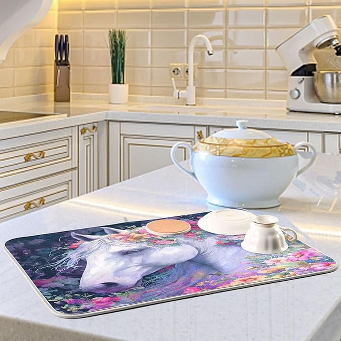White Horse with Colorful Flowers Dish Drying Mat for Kitchen Counter Super Absorbent Dishes Pad Reversible Microfiber Protector Dish Draining Mats 16x18 inch