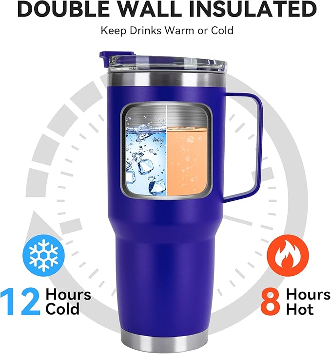 30oz Tumbler with Handle, Insulated Leak Proof Coffee Travel Mug with Straw Lid Double Wall Stainless Steel Vacuum Tumblers Metal Cup Keep Hot and Iced Drink for Gym, Office, Camping, Blue 1 Pack