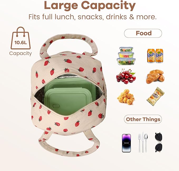Yarnic Corduroy Lunch Bag Women Men Insulated, Large Lunch Box for Work with Bottle Pockets, Stylish Reusable Cooler Tote for Adults Teachers Picnic Hiking (Big Strawberry)