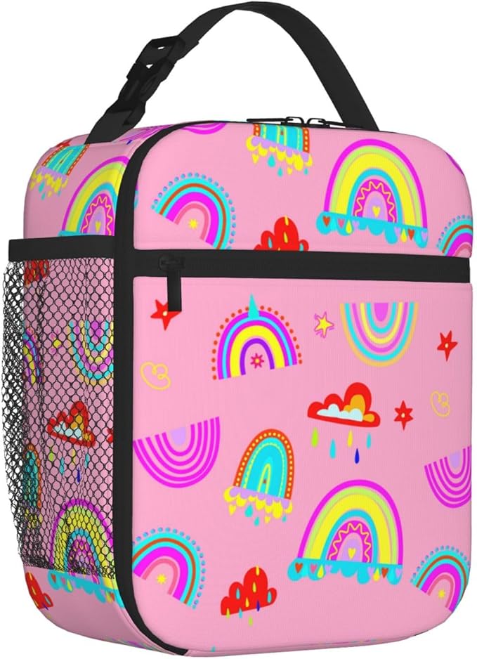Pink Rainbow Kid Lunch Bag Insulated Reusable Lightweight Water Resistant LunchBox with Water Bottle Holder for Boys Girls Lunch Tote