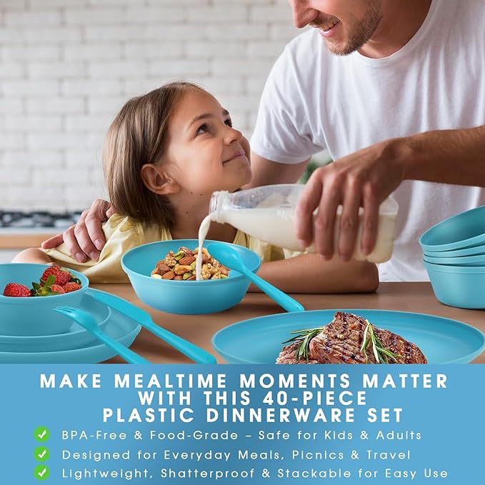 40-Piece Unbreakable Kids Dinnerware Set for Toddlers & Children, BPA-Free & Easy-Clean PP Plates and Bowls, Microwave & Dishwasher Safe, Complete Family Pack (Service for 8)