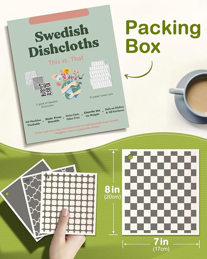 6 Pack Swedish Dishcloths for Kitchen - Reusable Dish Cloths for Washing Dishes Absorbent Cute Funny Kitchen Towels Cleaning Sponge, Grey Checked