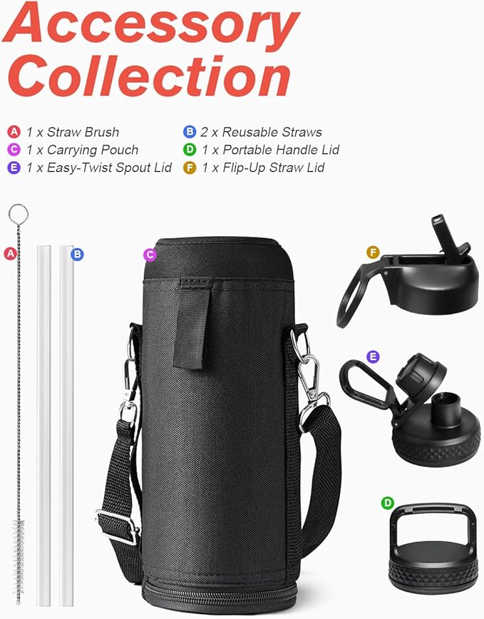 Water Bottle 40 oz Insulated with Straw&Brush, Coolflask Vaccum Stainless Steel Metal 3 Lids Water Flask for Sports, Gym or Office, Keep Cold 48H Hot 24H, Magic Black