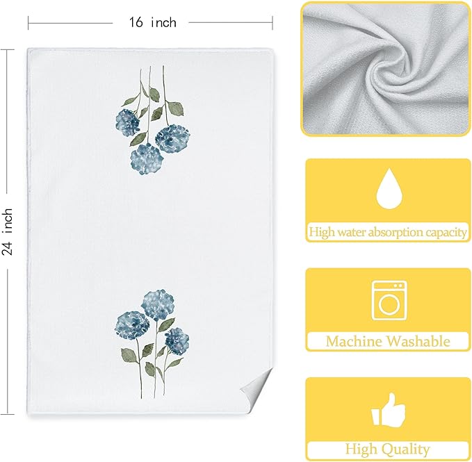 Blue Hydrangea Chinoiserie Floral Kitchen Towels Set of 2 - Summer Flowers Decorative Hand Towels for Bathroom, Blue Hydrangea Gifts, 16x24