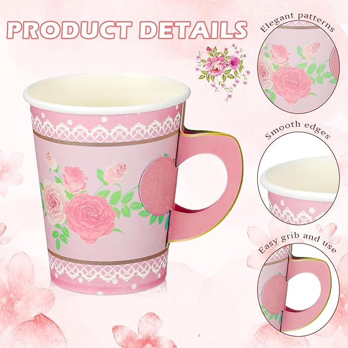 168 Pcs Floral Paper Tea Cups and Saucers Set, Severs Disposable Tea Party Supplies 6 Inch Plate, Saucer, Napkin, Paper Tea Cups with Handle for Tea Party Decorations