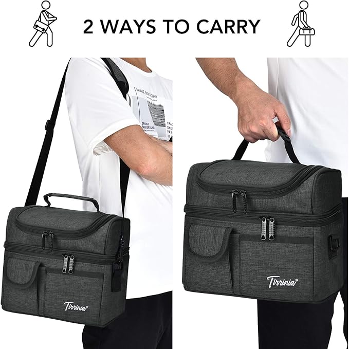 Tirrinia Reusable Lunch Box for Men Women, Insulated Lunch Bag Adult Work, Double Decker Leakproof Lunchbox for Office Picnic Beach—Dual Compartment Lunch Cooler Bag