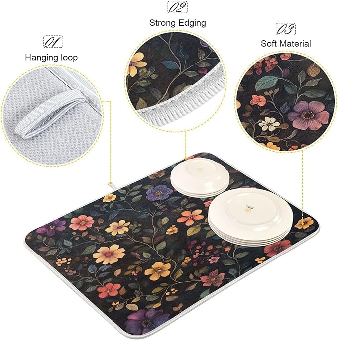 Retro Flower Vines Dish Drying Mat for Kitchen Counter Super Absorbent Dishes Pad Reversible Microfiber Protector Dish Draining Mats 16x18 inch