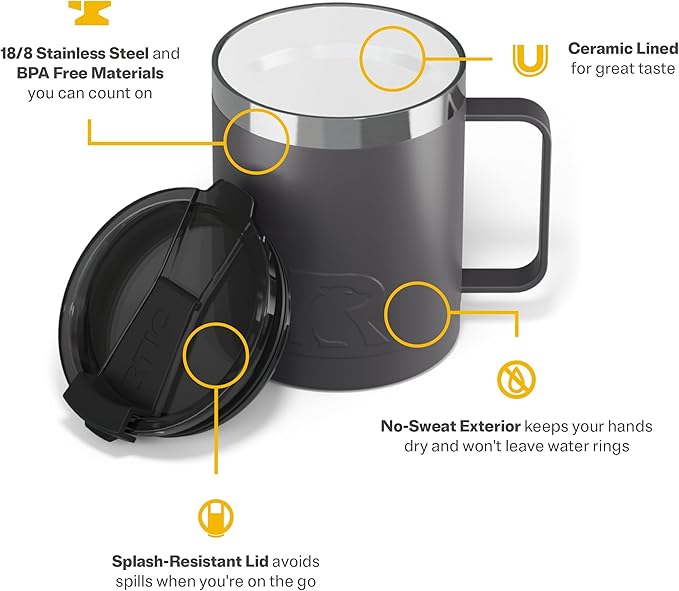 RTIC 12oz Essential Coffee Mug with Lid and Handle, Insulated, Ceramic Lined, Stainless Steel, Metal, Double Wall Vacuum-Insulation, Portable, Travel Cup for Hot and Cold Drink, Graphite