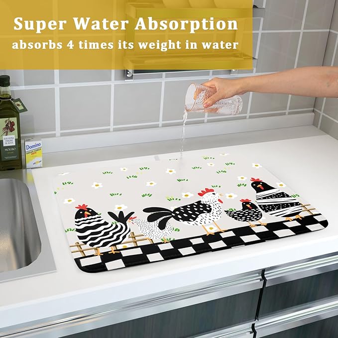 Black Rooster Dish Drying Mat for Countertop 18x24 Inches Buffalo Plaid Microfiber Drainer Rack Pads Fast Dry Dishes Mats Kitchen Accessories