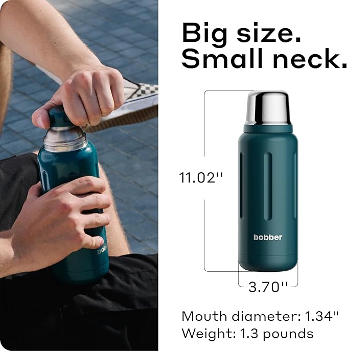 BOBBER 34 oz Stainless Steel Travel Thermos for Hot and Cold Drinks – Dishwasher Safe Metal Water Bottle with Cup Lid – Keeps Hot for 48 Hours – BPA-Free, Vacuum Insulated (Deep Teal)