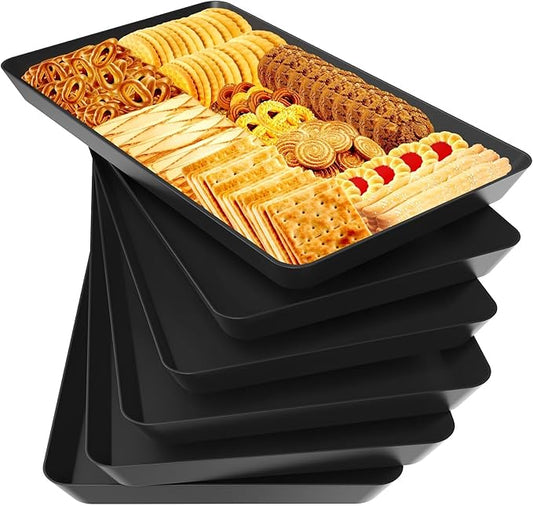 WOWBOX 6 pcs Serving Tray for Entertaining, Serving Platters for Snacks, Fruit, Cookies, Dessert, Reusable Plastic Trays for Serving Food and Pantry Organization in Kitchen & for Parties, (Black)