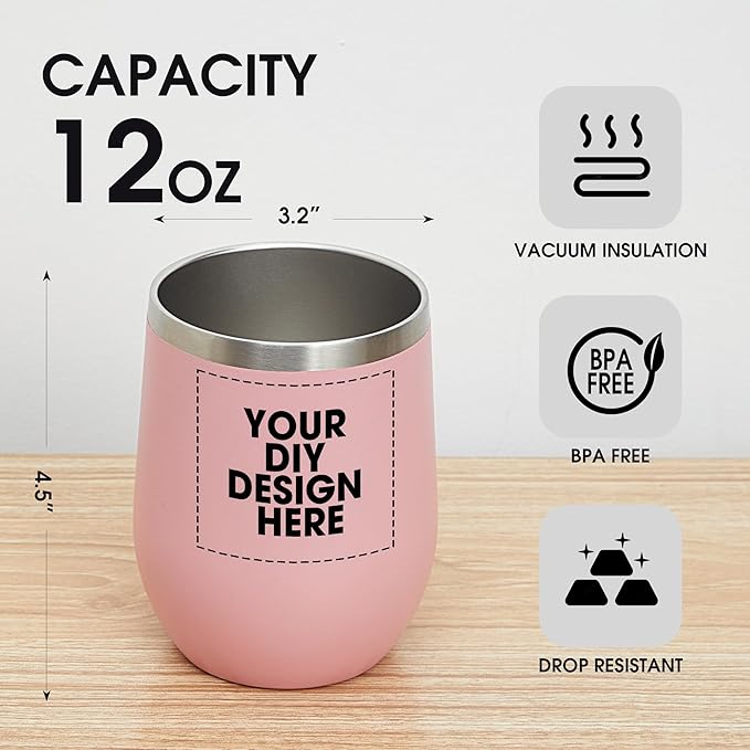 Personalized Custom Wine Tumbler Print in USA 12oz Stainless Steel Travel Coffee Cup with Lid & Straw Double Wall Insulated Mug with Colorful Text Logo Photo