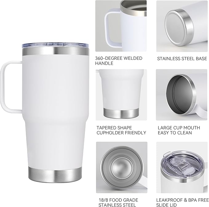 20 oz Stainless Steel Tumbler with Handle Bulk Metal Insulated Tumblers Travel Coffee Mug with Handle Double Wall Tumbler Cup with Lid and Straw, White 6 Pack