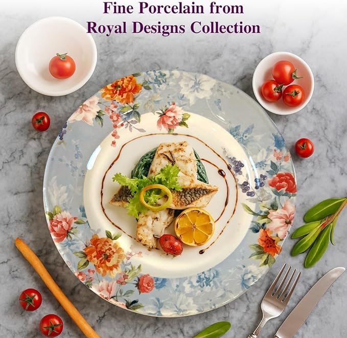 TUDOR Royal Collection 12-Piece Round Porcelain Dinnerware Set, Service for 4 with Dinner Plates, Bowls, and Salad Plates, Crimson Summer Floral Unique Design, Gloss Finish, Durable & Premium Quality