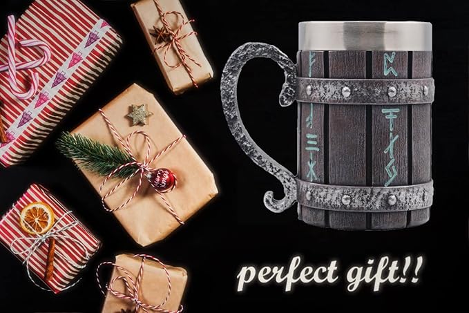 Nordic Viking Rune Mug,Stainless Steel Drinking Mug 3D Novelty Coffee Cup,Norse Viking Mug Poetic Gothic Decor Party Decoration Drinkware Gift Mugs for Men 18OZ(Rune)