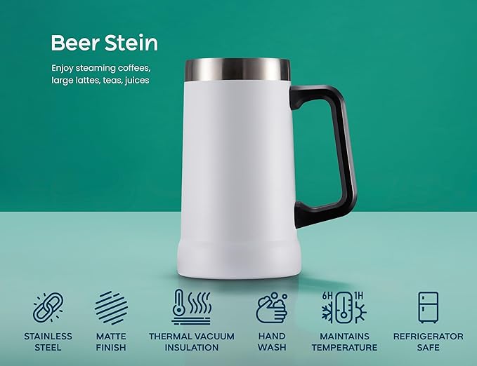 KooK Beer Stein, Stainless Steel Coffee Mug, Tumbler with Thermal Vacuum Insulation, Big Grip, Adventure, Double Walled Drinking Cup, Large Handle, Shatterproof, White, 24 oz