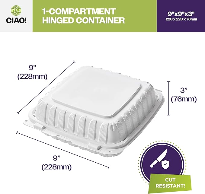 CIAO! 9"x9"x3" MFPP White Hinged Container With Lid 1 Compartment (Case of 150)