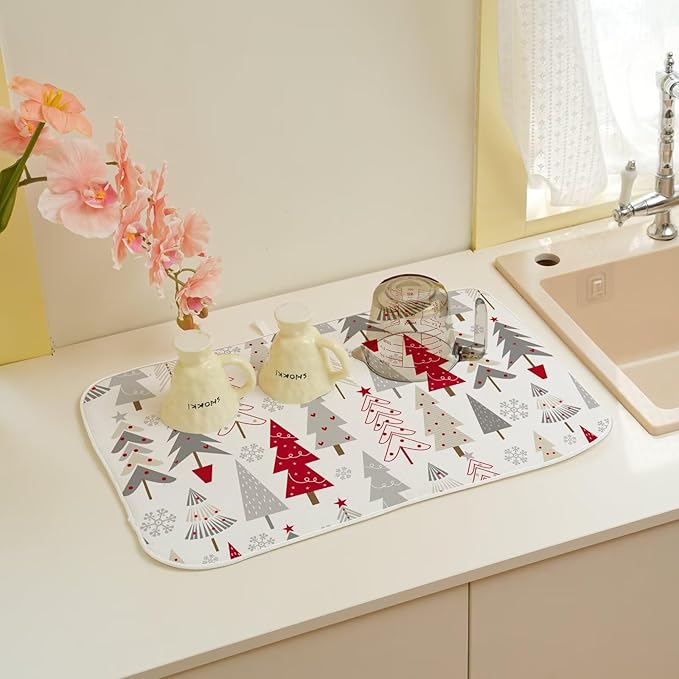 Christmas Decor Dish Drying Mat 18 x 24 inch Geometric Colorful Christmas Tree Pine Trees Decorative Drying Mats Microfiber Absorbent Dish Washable Draining Mat for Kitchen Counter