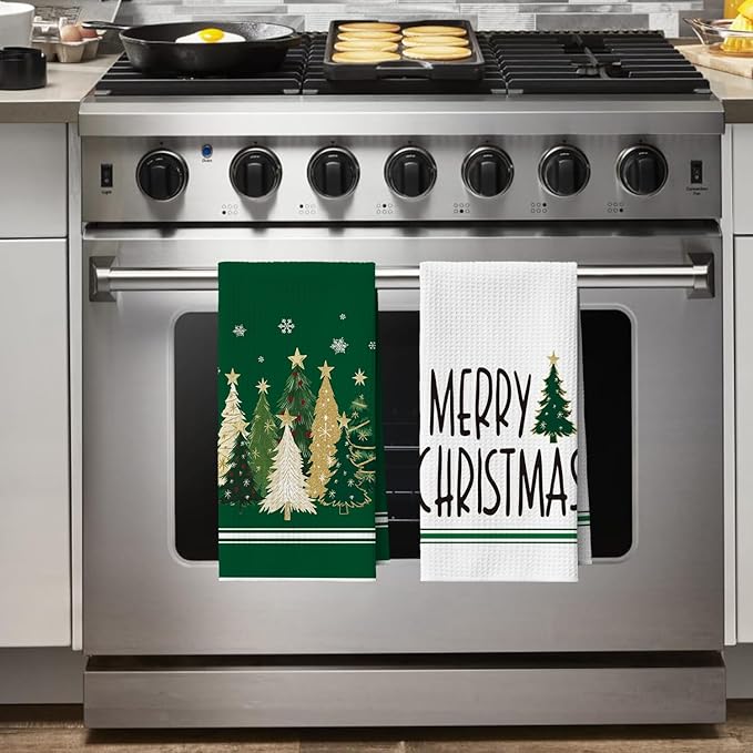 Artoid Mode Green Star Xmas Tree Merry Christmas Kitchen Towels, 18x26 Inch Quick Dry Microfiber Cloth Dish Towels for Kitchen Drying Set of 2