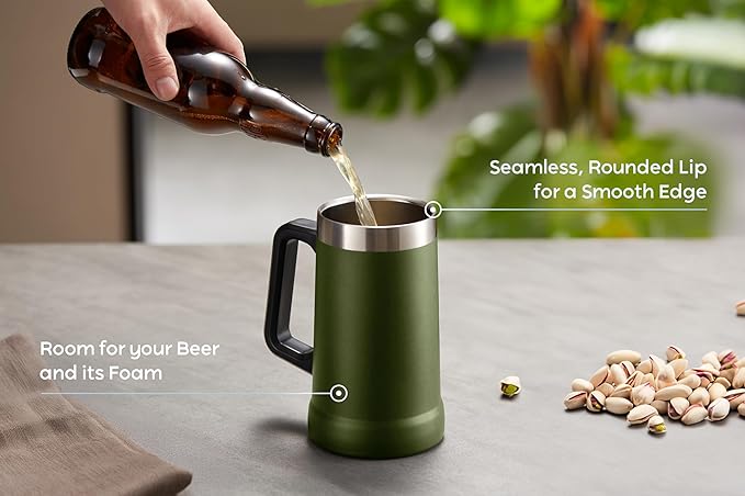 KooK Beer Stein, Stainless Steel Coffee Mug, Tumbler with Thermal Vacuum Insulation, Double Walled Drinking Cup, Large Handle, Shatterproof, Olive, 23.7 oz